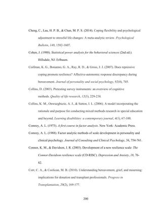 200
Cheng, C., Lau, H. P. B., & Chan, M. P. S. (2014). Coping flexibility and psychological
adjustment to stressful life changes: A meta-analytic review. Psychological
Bulletin, 140, 1582-1607.
Cohen, J. (1988). Statistical power analysis for the behavioral sciences (2nd ed.).
Hillsdale, NJ: Erlbaum.
Coifman, K. G., Bonanno, G. A., Ray, R. D., & Gross, J. J. (2007). Does repressive
coping promote resilience? Affective-autonomic response discrepancy during
bereavement. Journal of personality and social psychology, 92(4), 745.
Collins, D. (2003). Pretesting survey instruments: an overview of cognitive
methods. Quality of life research, 12(3), 229-238.
Collins, K. M., Onwuegbuzie, A. J., & Sutton, I. L. (2006). A model incorporating the
rationale and purpose for conducting mixed methods research in special education
and beyond. Learning disabilities: a contemporary journal, 4(1), 67-100.
Comrey, A. L. (1973). A first course in factor analysis. New York: Academic Press.
Comrey, A. L. (1988). Factor analytic methods of scale development in personality and
clinical psychology. Journal of Consulting and Clinical Psychology, 56, 754-761.
Connor, K. M., & Davidson, J. R. (2003). Development of a new resilience scale: The
Connor‐Davidson resilience scale (CD‐RISC). Depression and Anxiety, 18, 76-
82.
Corr, C. A., & Coolican, M. B. (2010). Understanding bereavement, grief, and mourning:
implications for donation and transplant professionals. Progress in
Transplantation, 20(2), 169-177.
 