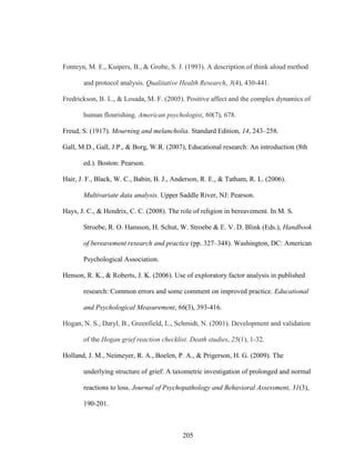 205
Fonteyn, M. E., Kuipers, B., & Grobe, S. J. (1993). A description of think aloud method
and protocol analysis. Qualitative Health Research, 3(4), 430-441.
Fredrickson, B. L., & Losada, M. F. (2005). Positive affect and the complex dynamics of
human flourishing. American psychologist, 60(7), 678.
Freud, S. (1917). Mourning and melancholia. Standard Edition, 14, 243–258.
Gall, M.D., Gall, J.P., & Borg, W.R. (2007), Educational research: An introduction (8th
ed.). Boston: Pearson.
Hair, J. F., Black, W. C., Babin, B. J., Anderson, R. E., & Tatham, R. L. (2006).
Multivariate data analysis. Upper Saddle River, NJ: Pearson.
Hays, J. C., & Hendrix, C. C. (2008). The role of religion in bereavement. In M. S.
Stroebe, R. O. Hansson, H. Schut, W. Stroebe & E. V. D. Blink (Eds.), Handbook
of bereavement research and practice (pp. 327–348). Washington, DC: American
Psychological Association.
Henson, R. K., & Roberts, J. K. (2006). Use of exploratory factor analysis in published
research: Common errors and some comment on improved practice. Educational
and Psychological Measurement, 66(3), 393-416.
Hogan, N. S., Daryl, B., Greenfield, L., Schmidt, N. (2001). Development and validation
of the Hogan grief reaction checklist. Death studies, 25(1), 1-32.
Holland, J. M., Neimeyer, R. A., Boelen, P. A., & Prigerson, H. G. (2009). The
underlying structure of grief: A taxometric investigation of prolonged and normal
reactions to loss. Journal of Psychopathology and Behavioral Assessment, 31(3),
190-201.
 