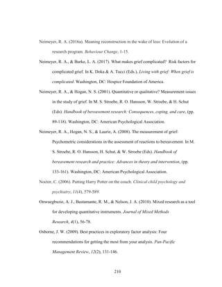 210
Neimeyer, R. A. (2016a). Meaning reconstruction in the wake of loss: Evolution of a
research program. Behaviour Change, 1-15.
Neimeyer, R. A., & Burke, L. A. (2017). What makes grief complicated? Risk factors for
complicated grief. In K. Doka & A. Tucci (Eds.), Living with grief: When grief is
complicated. Washington, DC: Hospice Foundation of America.
Neimeyer, R. A., & Hogan, N. S. (2001). Quantitative or qualitative? Measurement issues
in the study of grief. In M. S. Stroebe, R. O. Hansson, W. Stroebe, & H. Schut
(Eds). Handbook of bereavement research: Consequences, coping, and care, (pp.
89-118). Washington, DC: American Psychological Association.
Neimeyer, R. A., Hogan, N. S., & Laurie, A. (2008). The measurement of grief:
Psychometric considerations in the assessment of reactions to bereavement. In M.
S. Stroebe, R. O. Hansson, H. Schut, & W. Stroebe (Eds). Handbook of
bereavement research and practice: Advances in theory and intervention, (pp.
133-161). Washington, DC: American Psychological Association.
Noctor, C. (2006). Putting Harry Potter on the couch. Clinical child psychology and
psychiatry, 11(4), 579-589.
Onwuegbuzie, A. J., Bustamante, R. M., & Nelson, J. A. (2010). Mixed research as a tool
for developing quantitative instruments. Journal of Mixed Methods
Research, 4(1), 56-78.
Osborne, J. W. (2009). Best practices in exploratory factor analysis: Four
recommendations for getting the most from your analysis. Pan-Pacific
Management Review, 12(2), 131-146.
 