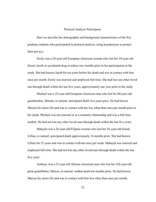 72
Protocol Analysis Participants
Here we describe the demographic and background characteristics of the five
graduate students who participated in protocol analysis, using pseudonyms to protect
their privacy:
Emily was a 24-year-old European-American woman who lost her 24-year-old
friend, Jacob, to accidental drug overdose two months prior to her participation in the
study. She had known Jacob for ten years before his death and was in contact with him
once per month. Emily was married and employed full-time. She had lost one other loved
one through death within the last five years, approximately one year prior to the study.
Michael was a 23-year-old European-American man who lost his 80-year-old
grandmother, Miriam, to natural, anticipated death two years prior. He had known
Miriam his entire life and was in contact with her less often than once per month prior to
her death. Michael was not married or in a romantic relationship and was a full-time
student. He had not lost any other loved ones through death within the last five years.
Makayla was a 26-year-old Filipino woman who lost her 56-year-old friend,
Lillian, to natural, anticipated death approximately 14 months prior. She had known
Lillian for 25 years and was in contact with her once per week. Makayla was married and
employed full-time. She had not lost any other loved ones through death within the last
five years.
Anthony was a 23-year-old African-American man who lost his 102-year-old
great-grandfather, Marcus, to natural, sudden death ten months prior. He had known
Marcus his entire life and was in contact with him less often than once per month.
 