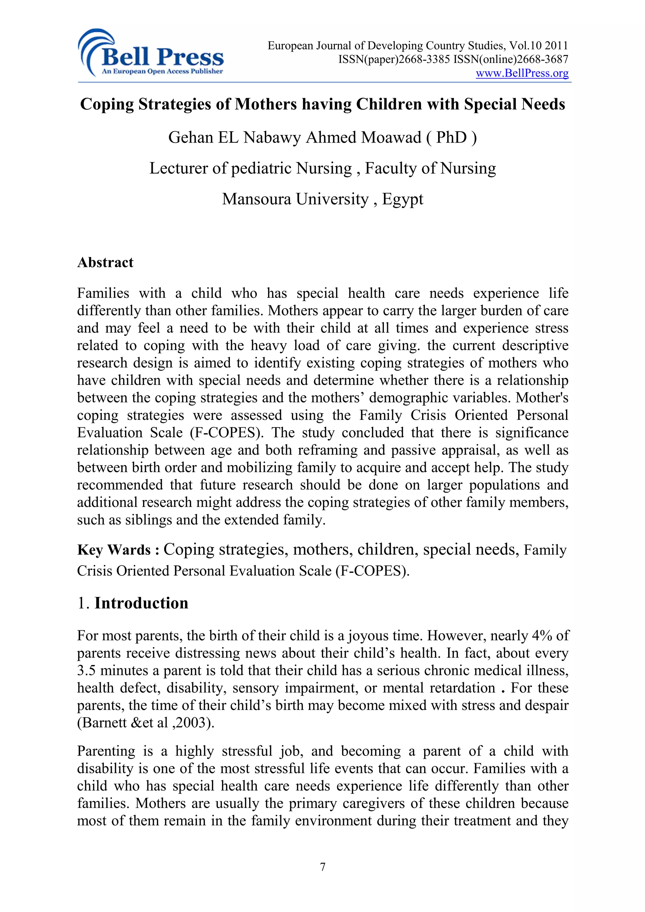 Coping strategies of mothers having children with special needs | PDF