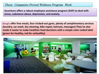Accenture offers a robust employee assistance program (EAP) to deal with
stress, substance abuse, depression, and anxiety.
These Companies Proved Wellness Program Work
Google offer free meals, four tricked-out gyms, plenty of complimentary services
(laundry, car wash, dry cleaning, bike repair, haircuts, massages) They’ve also
made it easier to make healthier food decisions with a simple color-coded label
(green for healthy, red for unhealthy)
 