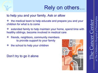 Rely on others…
to help you and your family. Ask or allow




                                                                                    at The Children’s Hospital of Philadelphia
                                                                The Cancer Center
 the medical team to help educate and prepare you and your
children for what is to come
 extended family to help maintain your home, spend time with
healthy siblings, become involved in medical care
 friends, neighbors, community members
        to provide support to your family
 the school to help your children



Don’t try to go it alone
 