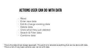 actions user can do with data
- Read
- Enter new data
- Edit & change existing data
- Delete data
- Undo what they just de...