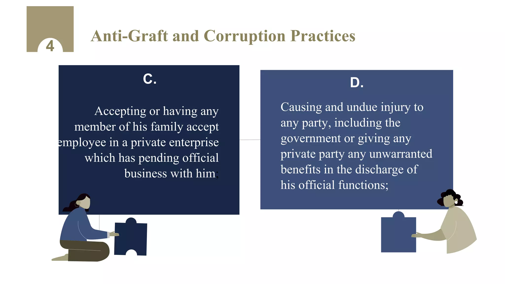 4
Anti-Graft and Corruption Practices
C.
Accepting or having any
member of his family accept
employee in a private enterprise
which has pending official
business with him;
D.
Causing and undue injury to
any party, including the
government or giving any
private party any unwarranted
benefits in the discharge of
his official functions;
 