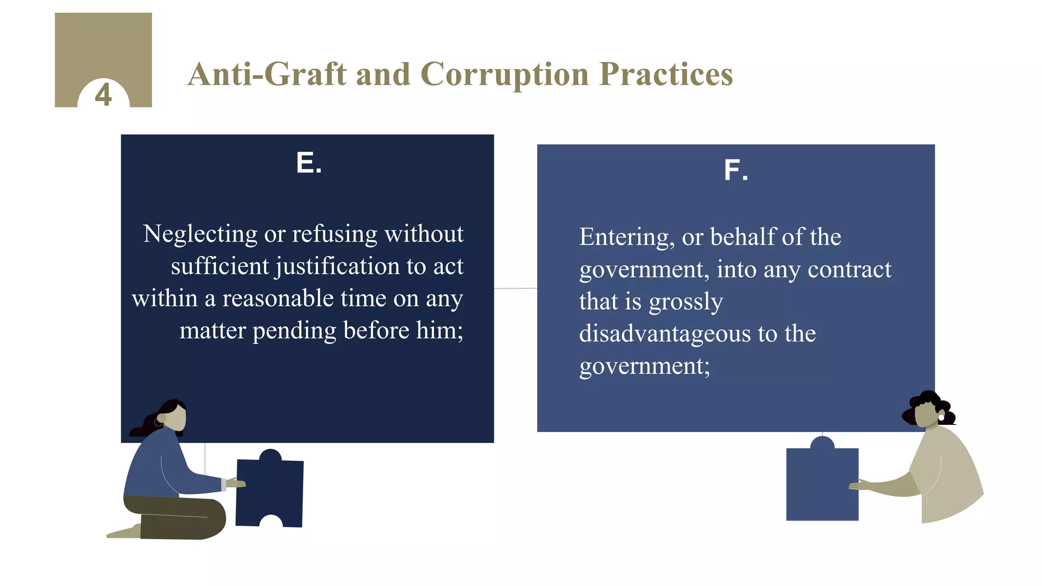 4
Anti-Graft and Corruption Practices
E.
Neglecting or refusing without
sufficient justification to act
within a reasonable time on any
matter pending before him;
F.
Entering, or behalf of the
government, into any contract
that is grossly
disadvantageous to the
government;
 