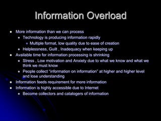 Information OverloadMore information than we can processTechnology is producing information rapidlyMultiple format, low quality due to ease of creationHelplessness, Guilt , Inadequacy when keeping upAvailable time for information processing is shrinkingStress , Low motivation and Anxiety due to what we know and what we think we must knowPeople collect information on information at higher and higher level and lose understandingInformation feeds requirement for more informationInformation is highly accessible due to InternetBecome collectors and catalogers of information