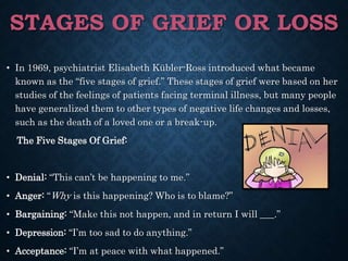 STAGES OF GRIEF OR LOSS
• In 1969, psychiatrist Elisabeth Kübler-Ross introduced what became
known as the “five stages of grief.” These stages of grief were based on her
studies of the feelings of patients facing terminal illness, but many people
have generalized them to other types of negative life changes and losses,
such as the death of a loved one or a break-up.
The Five Stages Of Grief:
• Denial: “This can’t be happening to me.”
• Anger: “Why is this happening? Who is to blame?”
• Bargaining: “Make this not happen, and in return I will ___.”
• Depression: “I’m too sad to do anything.”
• Acceptance: “I’m at peace with what happened.”
 