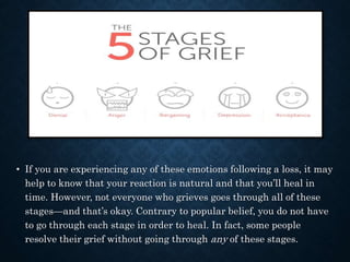 • If you are experiencing any of these emotions following a loss, it may
help to know that your reaction is natural and that you’ll heal in
time. However, not everyone who grieves goes through all of these
stages—and that’s okay. Contrary to popular belief, you do not have
to go through each stage in order to heal. In fact, some people
resolve their grief without going through any of these stages.
 