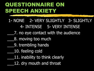 QUESTIONNAIRE ON SPEECH ANXIETY 1- NONE  2- VERY SLIGHTLY  3- SLIGHTLY 4- INTENSE  5- VERY INTENSE ___7. no eye contact with the audience ___8. moving too much ___9. trembling hands ___10. feeling cold ___11. inability to think clearly ___12. dry mouth and throat 