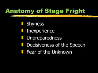 Anatomy of Stage Fright Shyness Inexperience Unpreparedness Decisiveness of the Speech Fear of the Unknown 