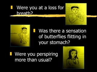 Was there a sensation of butterflies flitting in your stomach? Were you perspiring more than usual? Were you at a loss for breath? 