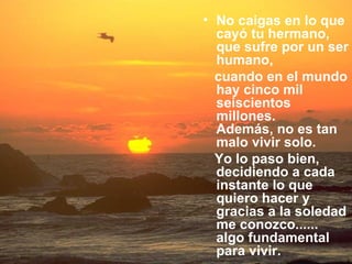 No caigas en lo que cayó tu hermano, que sufre por un ser humano,  cuando en el mundo hay cinco mil seiscientos millones.  Además, no es tan malo vivir solo.  Yo lo paso bien, decidiendo a cada instante lo que quiero hacer y gracias a la soledad me conozco...... algo fundamental para vivir.  