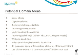 11 Document Title
 Social Media
 Digital Platforms
 Business Intelligence & Data
 Technology Collaboration
 Understanding the Audience
 Technological change (Role of T&D, PMO, Project Phases)
 Writing a good story
 Video-journalism/Multimedia Journalism
 Re-purposing content for multiple platforms (Rhiannon Elstom)
 Use of SharePoint as a communications/collaboration tool
Potential Domain Areas
 