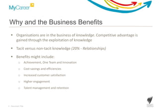 4 Document Title
Why and the Business Benefits
 Organisations are in the business of knowledge. Competitive advantage is
gained through the exploitation of knowledge
 Tacit versus non-tacit knowledge (20% - Relationships)
 Benefits might include:
o Innovation and Achievement
o Cost-savings and efficiencies
o Increased customer satisfaction
o Higher engagement
o Talent management and retention
 