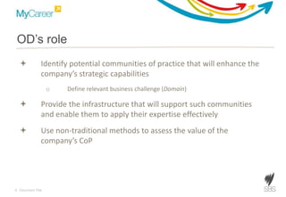 8 Document Title
OD’s role
 Identify potential communities of practice that will enhance the
company’s strategic capabilities
o Define relevant business challenge (Domain)
 Provide the infrastructure that will support such communities
and enable them to apply their expertise effectively
 Use non-traditional methods to assess the value of the
company’s CoP
 
