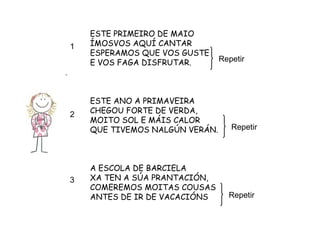 ESTE PRIMEIRO DE MAIO ÍMOSVOS AQUÍ CANTAR ESPERAMOS QUE VOS GUSTE E VOS FAGA DISFRUTAR. ESTE ANO A PRIMAVEIRA CHEGOU FORTE DE VERDA, MOITO SOL E MÁIS CALOR QUE TIVEMOS NALGÚN VERÁN. A ESCOLA DE BARCIELA XA TEN A SÚA PRANTACIÓN, COMEREMOS MOITAS COUSAS ANTES DE IR DE VACACIÓNS 1 2 3 Repetir Repetir Repetir 