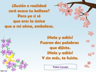 ¿Ilusión o realidad será acaso tu belleza? Pero yo si sé que eres la única que a mi alma, embelesa. ¡Hola y adiós! Fueron dos palabras que dijiste. ¡Hola y adiós! Y sin más, te fuiste. Pablo Candel