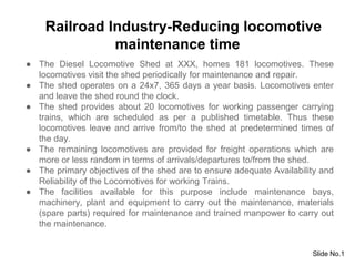 Railroad Industry-Reducing locomotive
maintenance time
● The Diesel Locomotive Shed at XXX, homes 181 locomotives. These
locomotives visit the shed periodically for maintenance and repair.
● The shed operates on a 24x7, 365 days a year basis. Locomotives enter
and leave the shed round the clock.
● The shed provides about 20 locomotives for working passenger carrying
trains, which are scheduled as per a published timetable. Thus these
locomotives leave and arrive from/to the shed at predetermined times of
the day.
● The remaining locomotives are provided for freight operations which are
more or less random in terms of arrivals/departures to/from the shed.
● The primary objectives of the shed are to ensure adequate Availability and
Reliability of the Locomotives for working Trains.
● The facilities available for this purpose include maintenance bays,
machinery, plant and equipment to carry out the maintenance, materials
(spare parts) required for maintenance and trained manpower to carry out
the maintenance.

Slide No.1

 
