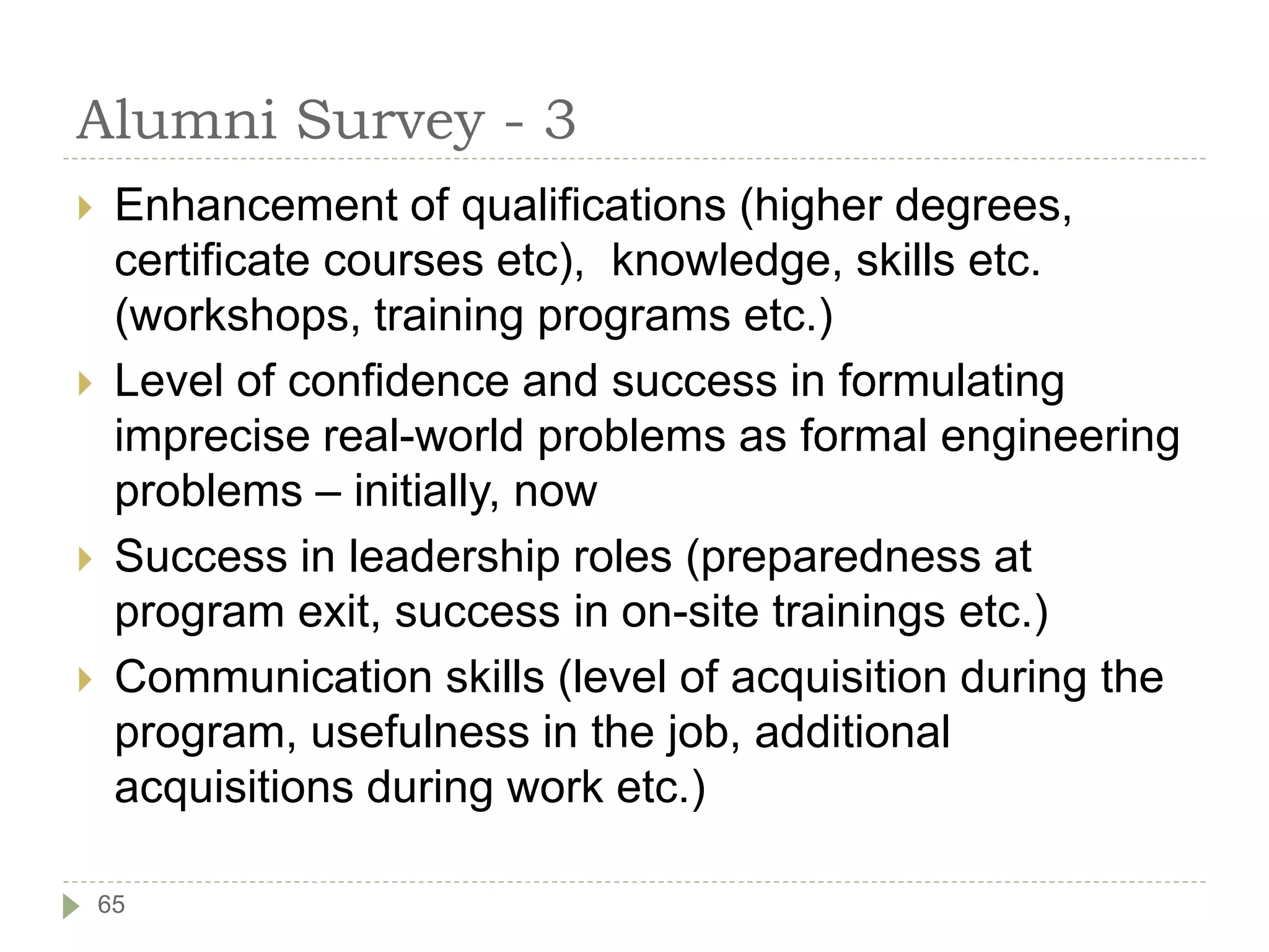 Alumni Survey - 3
 Enhancement of qualifications (higher degrees,
certificate courses etc), knowledge, skills etc.
(workshops, training programs etc.)
 Level of confidence and success in formulating
imprecise real-world problems as formal engineering
problems – initially, now
 Success in leadership roles (preparedness at
program exit, success in on-site trainings etc.)
 Communication skills (level of acquisition during the
program, usefulness in the job, additional
acquisitions during work etc.)
65
 