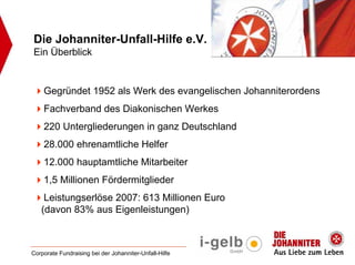Die Johanniter-Unfall-Hilfe e.V.
Ein Überblick


    Gegründet 1952 als Werk des evangelischen Johanniterordens
    Fachverband des Diakonischen Werkes
    220 Untergliederungen in ganz Deutschland
    28.000 ehrenamtliche Helfer
    12.000 hauptamtliche Mitarbeiter
    1,5 Millionen Fördermitglieder
    Leistungserlöse 2007: 613 Millionen Euro
   (davon 83% aus Eigenleistungen)



Corporate Fundraising bei der Johanniter-Unfall-Hilfe
 