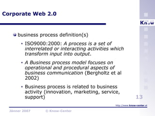 Corporate Web 2.0 business process definition(s) ISO9000:2000:  A process is a set of interrelated or interacting activities which transform input into output . A Business process model focuses on operational and procedural aspects of business communication  (Bergholtz et al 2002) Business process is related to business activity (innovation, marketing, service, support) 