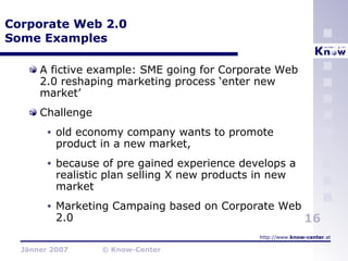 Corporate Web 2.0 Some Examples A fictive example: SME going for Corporate Web 2.0 reshaping marketing process ‘enter new market’ Challenge old economy company wants to promote product in a new market,  because of pre gained experience develops a realistic plan selling X new products in new market Marketing Campaing based on Corporate Web 2.0 