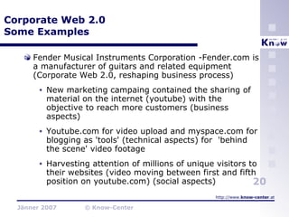 Corporate Web 2.0 Some Examples Fender Musical Instruments Corporation -Fender.com is a manufacturer of guitars and related equipment (Corporate Web 2.0, reshaping business process) New marketing campaing contained the sharing of material on the internet (youtube) with the objective to reach more customers (business aspects) Youtube.com for video upload and myspace.com for blogging as 'tools' (technical aspects) for  'behind the scene' video footage Harvesting attention of millions of unique visitors to their websites (video moving between first and fifth position on youtube.com) (social aspects) 