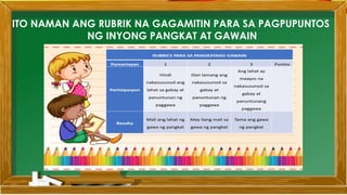 ITO NAMAN ANG RUBRIK NA GAGAMITIN PARA SA PAGPUPUNTOS
NG INYONG PANGKAT AT GAWAIN
 