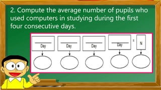 2. Compute the average number of pupils who
used computers in studying during the first
four consecutive days.
 
