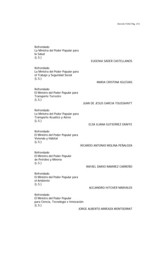 Decreto 9.042 Pág. 213
Refrendado
La Ministra del Poder Popular para
la Salud
(L.S.)
EUGENIA SADER CASTELLANOS
Refrendado
La Ministra del Poder Popular para
el Trabajo y Seguridad Social
(L.S.)
MARIA CRISTINA IGLESIAS
Refrendado
El Ministro del Poder Popular para
Transporte Terrestre
(L.S.)
JUAN DE JESUS GARCIA TOUSSAINTT
Refrendado
La Ministra del Poder Popular para
Transporte Acuático y Aéreo
(L.S.)
ELSA ILIANA GUTIERREZ GRAFFE
Refrendado
El Ministro del Poder Popular para
Vivienda y Hábitat
(L.S.)
RICARDO ANTONIO MOLINA PEÑALOZA
Refrendado
El Ministro del Poder Popular
de Petróleo y Minería
(L.S.)
RAFAEL DARIO RAMIREZ CARREÑO
Refrendado
El Ministro del Poder Popular para
el Ambiente
(L.S.)
ALEJANDRO HITCHER MARVALDI
Refrendado
El Ministro del Poder Popular
para Ciencia, Tecnología e Innovación
(L.S.)
JORGE ALBERTO ARREAZA MONTSERRAT
 