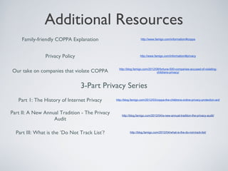 Additional Resources
     Family-friendly COPPA Explanation                             http://www.famigo.com/information/#coppa




                Privacy Policy                                    http://www.famigo.com/information/#privacy



                                                  http://blog.famigo.com/2012/08/fortune-500-companies-accused-of-violating-
Our take on companies that violate COPPA                                       childrens-privacy/




                                 3-Part Privacy Series
   Part 1: The History of Internet Privacy      http://blog.famigo.com/2012/03/coppa-the-childrens-online-privacy-protection-act/



Part II: A New Annual Tradition - The Privacy       http://blog.famigo.com/2012/04/a-new-annual-tradition-the-privacy-audit/
                   Audit

  Part III: What is the ‘Do Not Track List’?              http://blog.famigo.com/2012/04/what-is-the-do-not-track-list/
 