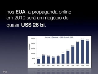 nos EUA, a propaganda online
  em 2010 será um negócio de
  quase US$ 26 bi.




IAB
 