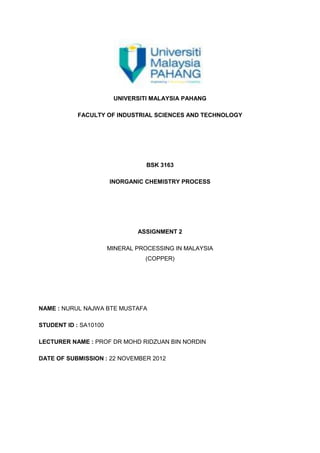 UNIVERSITI MALAYSIA PAHANG

           FACULTY OF INDUSTRIAL SCIENCES AND TECHNOLOGY




                                  BSK 3163

                       INORGANIC CHEMISTRY PROCESS




                               ASSIGNMENT 2

                       MINERAL PROCESSING IN MALAYSIA
                                 (COPPER)




NAME : NURUL NAJWA BTE MUSTAFA

STUDENT ID : SA10100

LECTURER NAME : PROF DR MOHD RIDZUAN BIN NORDIN

DATE OF SUBMISSION : 22 NOVEMBER 2012
 