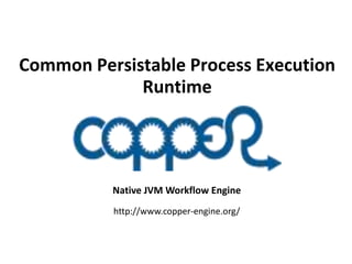 Common Persistable Process Execution
Runtime

Native JVM Workflow Engine
http://www.copper-engine.org/

 