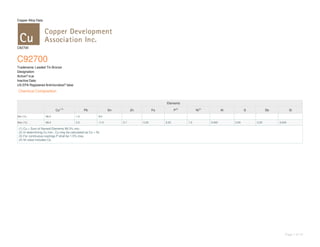 Page 1 of 10
Copper Alloy Data
C92700
C92700
Tradename: Leaded Tin Bronze
Designation:
Active? true
Inactive Date:
US EPA Registered Antimicrobial? false
Chemical Composition
Elements
Cu
(1,2)
Pb Sn Zn Fe P
(3)
Ni
(4)
Al S Sb Si
Min (%) 86.0 1.0 9.0
Max (%) 89.0 2.5 11.0 0.7 0.20 0.25 1.0 0.005 0.05 0.25 0.005
(1) Cu + Sum of Named Elements 99.3% min.
(2) In determining Cu min., Cu may be calculated as Cu + Ni.
(3) For continuous castings P shall be 1.5% max.
(4) Ni value includes Co.
 