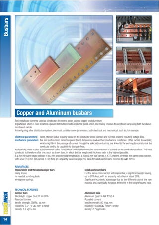 Busbars




           Copper and Aluminum busbars
          Two metals are currently used as conductors in electric panel boards: copper and aluminum
          In particular, when in need to define a power distribution inside an electric panel board, one mainly chooses to use drawn bars, using both the above-
          mentioned metals.
          In configuring a bar distribution system, one must consider some parameters, both electrical and mechanical, such as, for example:

          electrical parameters: rated intensity value to carry based on the conductor cross-section and number, and the resulting voltage loss.
          mechanical parameters: bar size and number, based on panel board dimensions and on their mechanical resistance. Other factors to consider,
                                        which might limit the passage of current through the selected conductors, are linked to the working temperature of the
                                        conductor and to its capability to dissipate heat.
          In electricity, there is also a phenomenon called "skin effect" which determines the concentration of current on the conductors surface. The best
          conductor is therefore a flat one, such as drawn bars, in which the bar length and thickness ratio is the highest possible.
          E.g. for the same cross-section in sq. mm and working temperature, a 100x5 mm bar carries 1.431 Ampere, whereas the same cross-section,
          with a 50 x 10 mm bar carries 1.129 Amp (cf. ampacity values on page 16, table for solid copper bars, referred to a ΔT 50°C).

          ADVANTAGES
          Prepunched and threaded copper bars                                         Solid aluminum bars
          ready to use                                                                For the same cross-section with copper bar, a significant weight saving,
          no need of punching tools                                                   up to 70% less, with an ampacity reduction of about 30%.
          wiring time savings                                                         Significant economic advantage due to the different cost of the raw
                                                                                      material and, especially, the great difference in the weight/volume ratio.

          TECHNICAL FEATURES
          Copper bars                                                                 Aluminum bars
          Electrolytic copper Cu-ETP 99.90%                                           Aluminum type EN-AW 1350 A
          Rounded corners                                                             Rounded corners
          tensile strength: 250 N / sq.mm                                             tensile strength: 80 N/sq.mm
          resistivity: 0,0172 Ω / mm² x meter                                         resistivity: 0.0286 Ω / mm² x meter
          density: 8.9 kg/cu.dm                                                       density: 2.7 kg/cu.dm


14
 