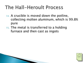 14. A crucible is moved down the potline, 
collecting molten aluminum, which is 99.8% 
pure 
15. The metal is transferred to a holding 
furnace and then cast as ingots 
 