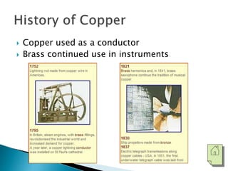  Copper used as a conductor 
 Brass continued use in instruments 
 