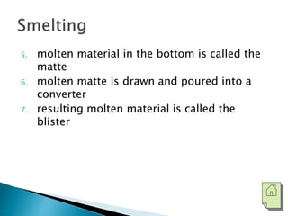 5. molten material in the bottom is called the 
matte 
6. molten matte is drawn and poured into a 
converter 
7. resulting molten material is called the 
blister 
 