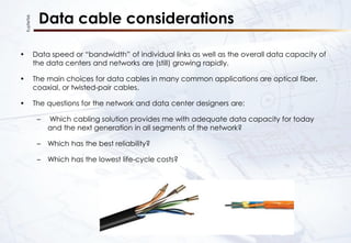 KupferTek
Data cable considerations
• Data speed or “bandwidth” of individual links as well as the overall data capacity of
the data centers and networks are (still) growing rapidly.
• The main choices for data cables in many common applications are optical fiber,
coaxial, or twisted-pair cables.
• The questions for the network and data center designers are:
– Which cabling solution provides me with adequate data capacity for today
and the next generation in all segments of the network?
– Which has the best reliability?
– Which has the lowest life-cycle costs?
 