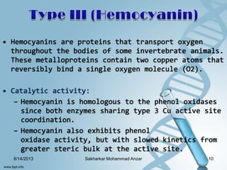 • Hemocyanins are proteins that transport oxygen
throughout the bodies of some invertebrate animals.
These metalloproteins contain two copper atoms that
reversibly bind a single oxygen molecule (O2).
• Catalytic activity:
– Hemocyanin is homologous to the phenol oxidases
since both enzymes sharing type 3 Cu active site
coordination.
– Hemocyanin also exhibits phenol
oxidase activity, but with slowed kinetics from
greater steric bulk at the active site.
8/14/2013 10Sakharkar Mohammad Anzar
 
