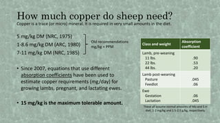 How much copper do sheep need?
Copper is a trace (or micro) mineral. It is required in very small amounts in the diet.
5 mg/kg DM (NRC, 1975)
1-8.6 mg/kg DM (ARC, 1980)
7-11 mg/kg DM (NRC, 1985)
• Since 2007, equations that use different
absorption coefficients have been used to
estimate copper requirements (mg/day) for
growing lambs, pregnant, and lactating ewes.
• 15 mg/kg is the maximum tolerable amount.
Class and weight
Absorption
coefficient
Lamb, pre-weaning
11 lbs.
22 lbs.
44 lbs.
.90
.53
.20
Lamb post-weaning
Pasture
Feedlot
.045
.06
Ewe
Gestation
Lactation
.06
.045
These all assume normal amounts of Mo and S in
diet; 1-2 mg/kg and 1.5-2.5 g/kg, respectively.
Old recommendations
mg/kg = PPM
 