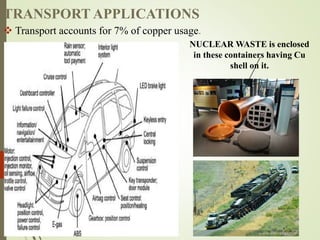 TRANSPORT APPLICATIONS
 Transport accounts for 7% of copper usage.
NUCLEAR WASTE is enclosed
in these containers having Cu
shell on it.
 