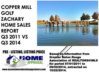 COPPER MILL 
GOLF 
ZACHARY 
HOME SALES 
REPORT 
Q3 2011 VS 
Q3 2014 
Based on information from 
Greater Baton Rouge 
Association of REALTORS®MLS 
for period 07/01/2011 to 
09/30/2014, extracted on 
10/22/2014. 
 