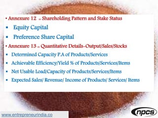 • Annexure 12 :: Shareholding Pattern and Stake Status
 Equity Capital
 Preference Share Capital
• Annexure 13 :: Quantitative Details-Output/Sales/Stocks
 Determined Capacity P.A of Products/Services
 Achievable Efficiency/Yield % of Products/Services/Items
 Net Usable Load/Capacity of Products/Services/Items
 Expected Sales/ Revenue/ Income of Products/ Services/ Items
www.entrepreneurindia.co
 