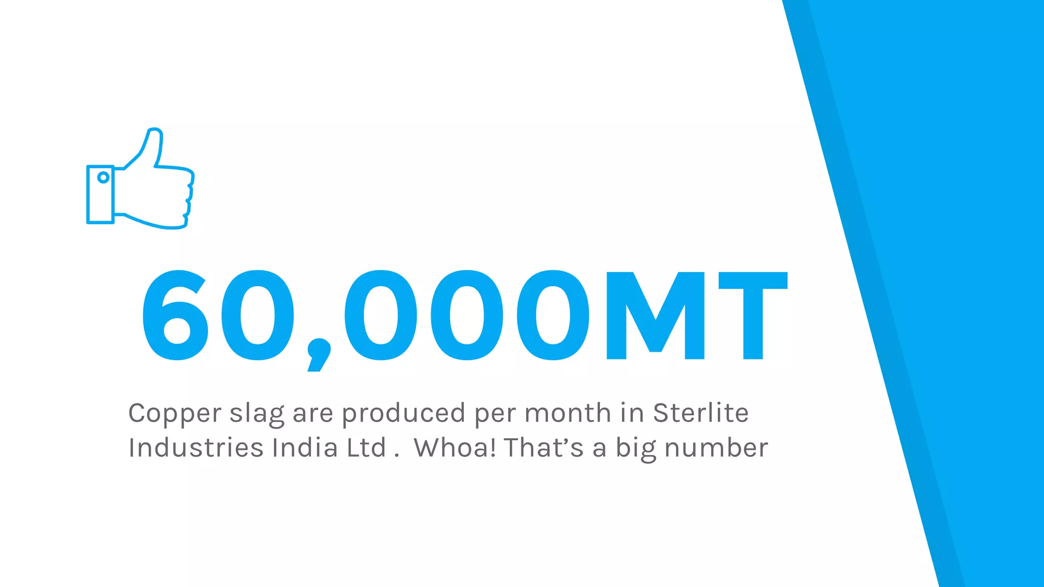 60,000MT
Copper slag are produced per month in Sterlite
Industries India Ltd . Whoa! That’s a big number
 