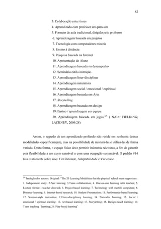 82
3. Colaboração entre times
4. Aprendizado com professor um-para-um
5. Formato de aula tradicional, dirigido pelo professor
6. Aprendizagem baseada em projetos
7. Tecnologia com computadores móveis
8. Ensino à distância
9. Pesquisa baseada na Internet
10. Apresentação do Aluno
11. Aprendizagem baseada no desempenho
12. Seminário estilo instrução
13. Aprendizagem Inter-disciplinar
14. Aprendizagem naturalista
15. Aprendizagem social / emocional / espiritual
16. Aprendizagem baseada em Arte
17. Storytelling
18. Aprendizagem baseada em design
19. Ensino / aprendizagem em equipe
20. Aprendizagem baseada em jogos‖26
( NAIR; FIELDING;
LACKNEY, 2009:28)
Assim, o segredo de um aprendizado profundo não reside em nenhuma dessas
modalidades especificamente, mas na possibilidade de misturá-las e utilizá-las de forma
variada. Desta forma, o espaço físico deve permitir inúmeras releituras, a fim de garantir
esta flexibilidade a um custo razoável e com uma ocupação sustentável. O padrão #14
fala exatamente sobre isso: Flexibilidade, Adaptabilidade e Variedade.
26
Tradução dos autores. Original: ―The 20 Learning Modalities that the physical school must support are:
1. Independent study; 2.Peer tutoring; 3.Team collaboration; 4. One-on-one learning with teacher; 5.
Lecture format - teacher directed; 6. Project-based learning; 7. Technology with mobile computers; 8.
Distance learning; 9. Internet-based research; 10. Student Presentation; 11. Performance-based learning;
12. Seminar-style instruction; 13.Inter-disciplinary learning; 14. Naturalist learning; 15. Social /
emotional / spiritual learning; 16. Art-based learning; 17. Storytelling; 18. Design-based learning; 19.
Team teaching / learning; 20. Play-based learning‖
 