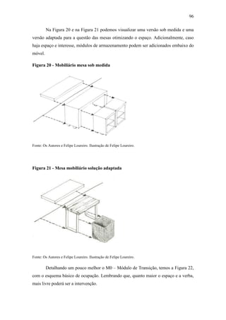96
Na Figura 20 e na Figura 21 podemos visualizar uma versão sob medida e uma
versão adaptada para a questão das mesas otimizando o espaço. Adicionalmente, caso
haja espaço e interesse, módulos de armazenamento podem ser adicionados embaixo do
móvel.
Figura 20 - Mobiliário mesa sob medida
Fonte: Os Autores e Felipe Loureiro. Ilustração de Felipe Loureiro.
Figura 21 - Mesa mobiliário solução adaptada
Fonte: Os Autores e Felipe Loureiro. Ilustração de Felipe Loureiro.
Detalhando um pouco melhor o M0 – Módulo de Transição, temos a Figura 22,
com o esquema básico de ocupação. Lembrando que, quanto maior o espaço e a verba,
mais livre poderá ser a intervenção.
 