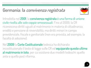 Germania: la convivenza registrata
Introdotta nel 2001, la convivenza registrata è una forma di unione
civile rivolta alle sole coppie omosessuali. Fino al 2009, la CR
riconosceva diritti uguali al matrimonio in materia di cittadinanza,
eredità e pensione di reversibilità, ma diritti minori in campo
previdenziale, fiscale e genitoriale (non era prevista, ad esempio, la
facoltà di adozione).
Nel 2009 la Corte Costituzionale tedesca ha dichiarato
incostituzionale il testo di legge sulle CR ed equiparato queste ultime
al matrimonio in toto, per cui esistono due modelli tedeschi: quello
ante e quello post riforma.

                                                                         10
 